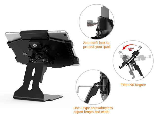 Beelta Tablet Stands Adjustable for 9.7''-12.9'', Compatible with all series of iPad, iPad Air and iPad pro, Business Desktop Retai POS iPad Stand for Desk, Key locked, Metal, Black
