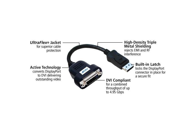 Accell UltraAV DisplayPort to DVI-D Active Single-Link Adapter - DisplayPort/DVI-D A/V Cable for PC, Notebook, Computer, Monitor, Projector, TV, HDTV