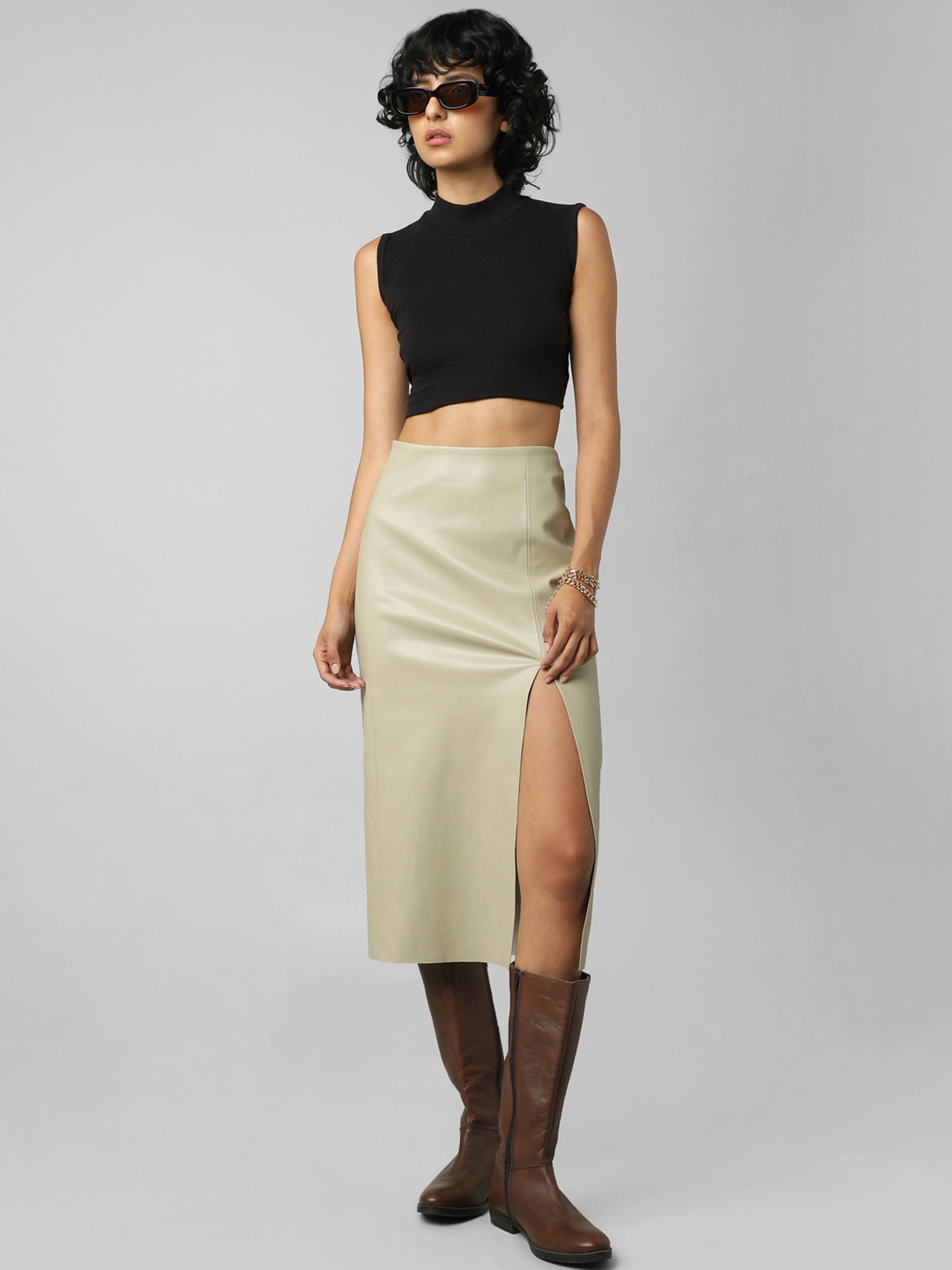 Only Beige Below Knee Pencil Skirt
