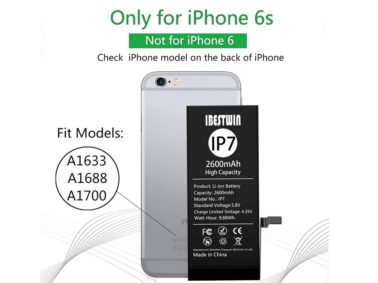 Battery for iPhone 6s, IBESTWIN 2600mAh Battery Replacement Kit for iPhone 6s with Full Remove Tool Kit and Instruction High Capacity(Only for IP 6s)