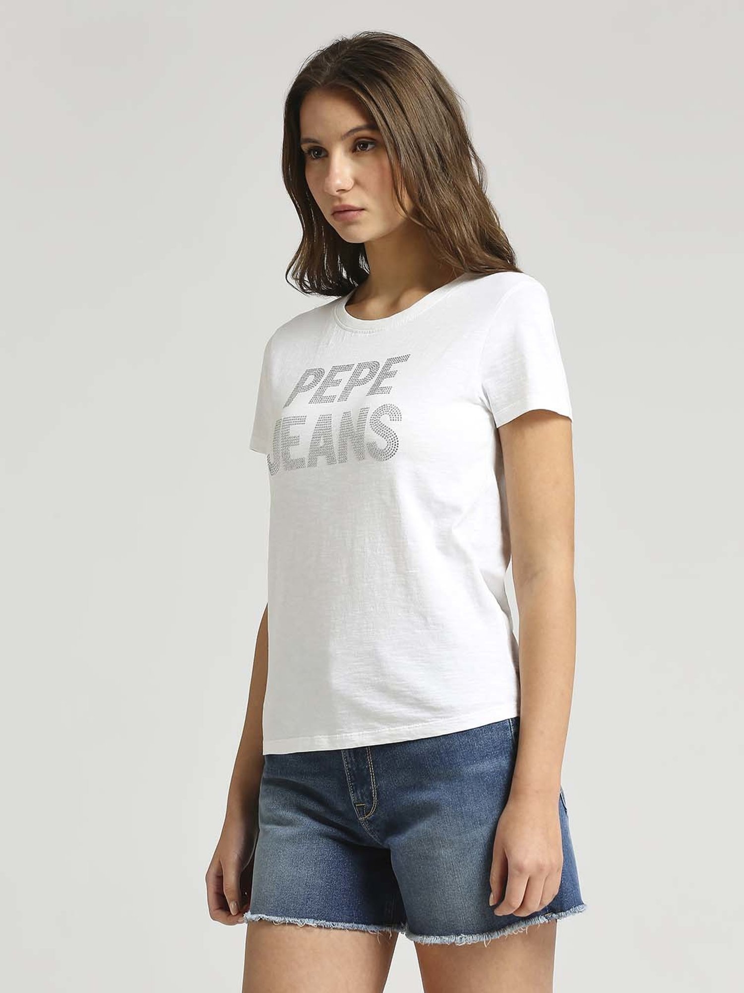 Pepe Jeans White Cotton Embellished T-Shirt