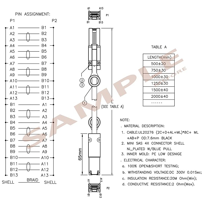 External 26 Pin Mini SAS SFF-8088 to Mini SAS 4X SFF-8088 Data Cable Male Cord Server Raid Cable (50CM/1.65FT)