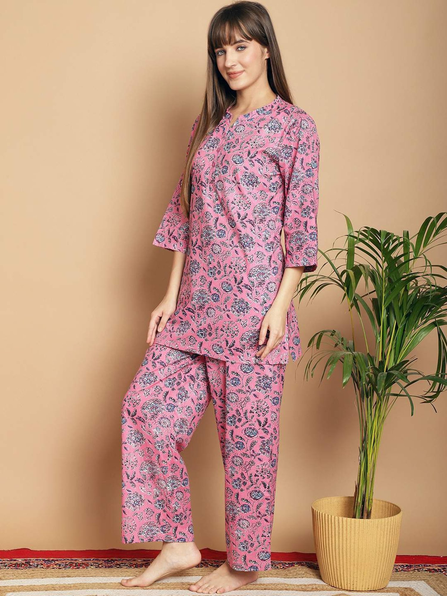Kanvin Pink Cotton Printed Tunic Pyjamas Set