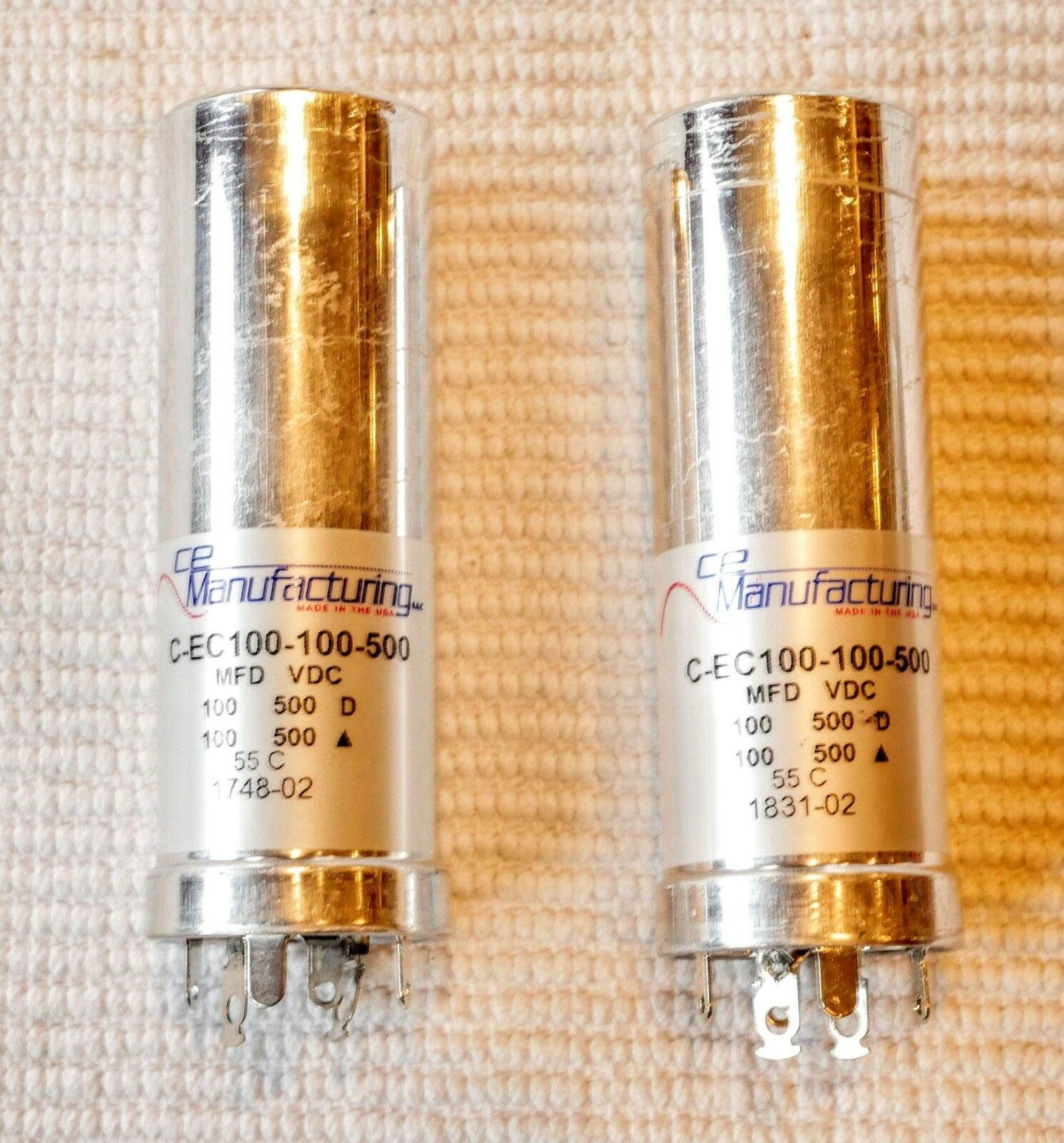 PAIR TWO Capacitor  CE MFG CAN ELECTROLYTIC MALLORY  500V 100-100 MFD USA