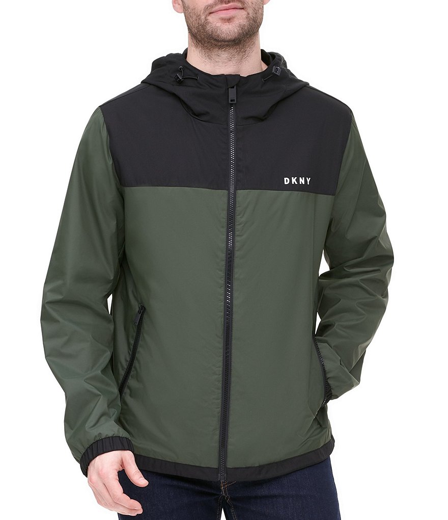 DKNY Long-Sleeve Mixed-Media Color-Block Hooded Rain Slicker