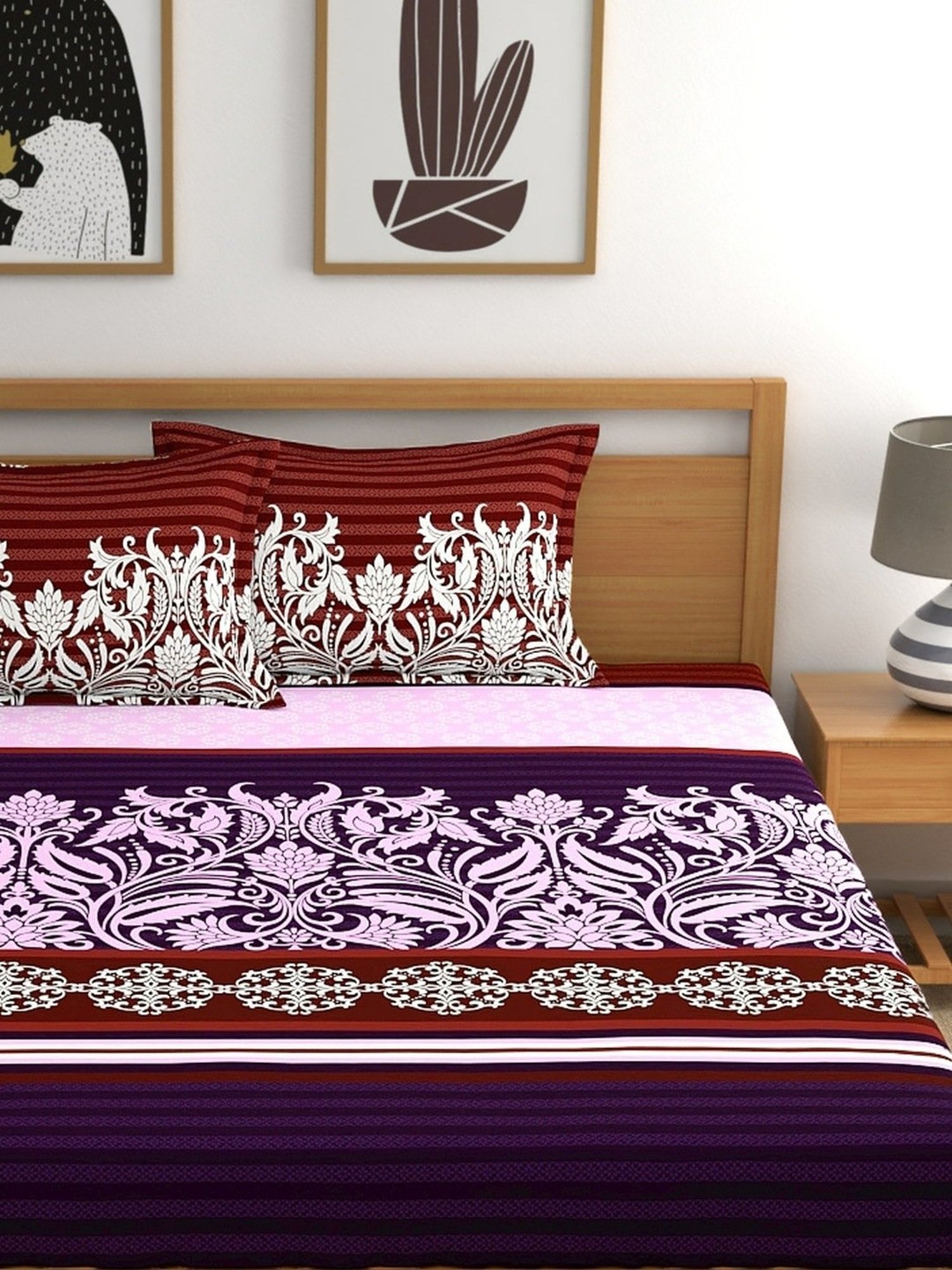 My Room Ethnic Purple 140 TC Cotton Fitted King Bed Sheet with 2 Pillow Covers
