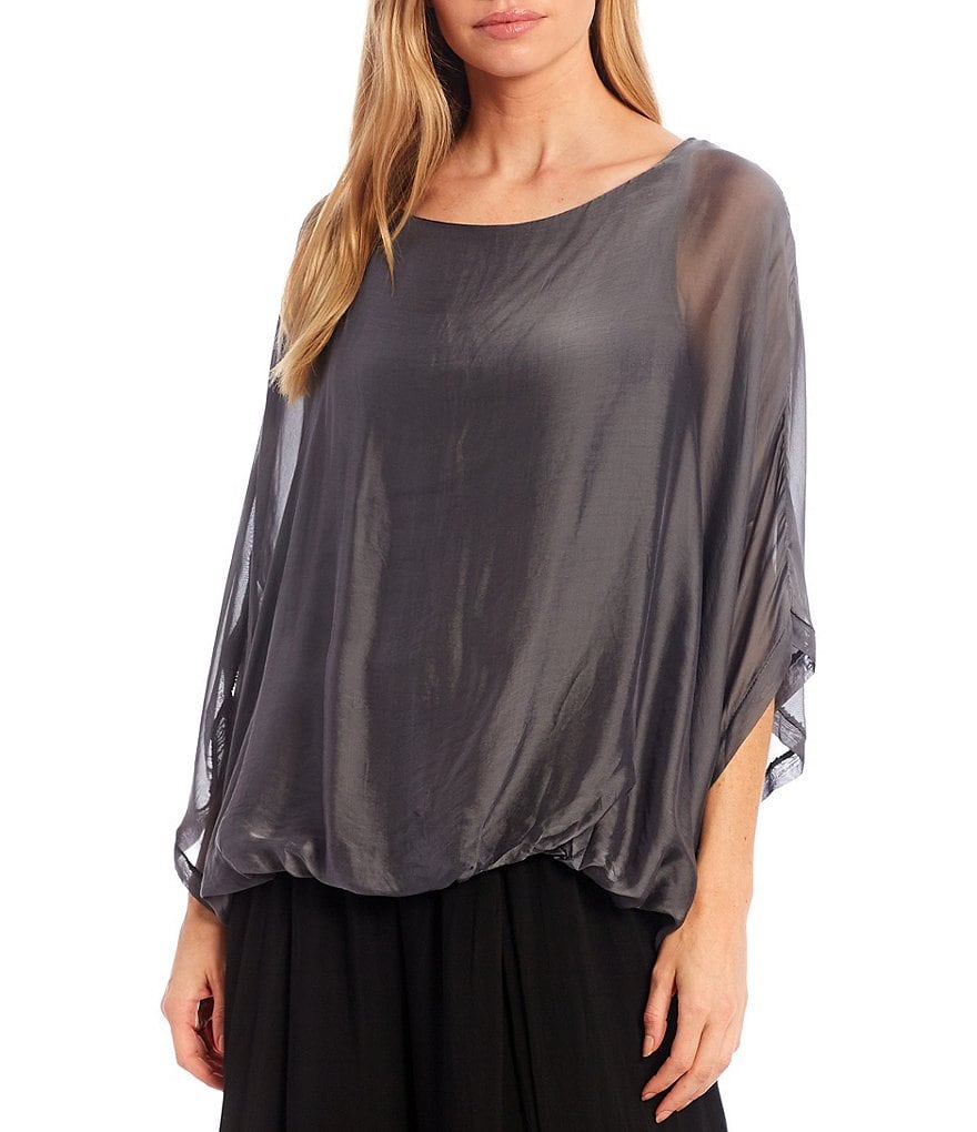 M Made in Italy Silk Blend 3/4 Sleeve Bubble Hem Poncho Top