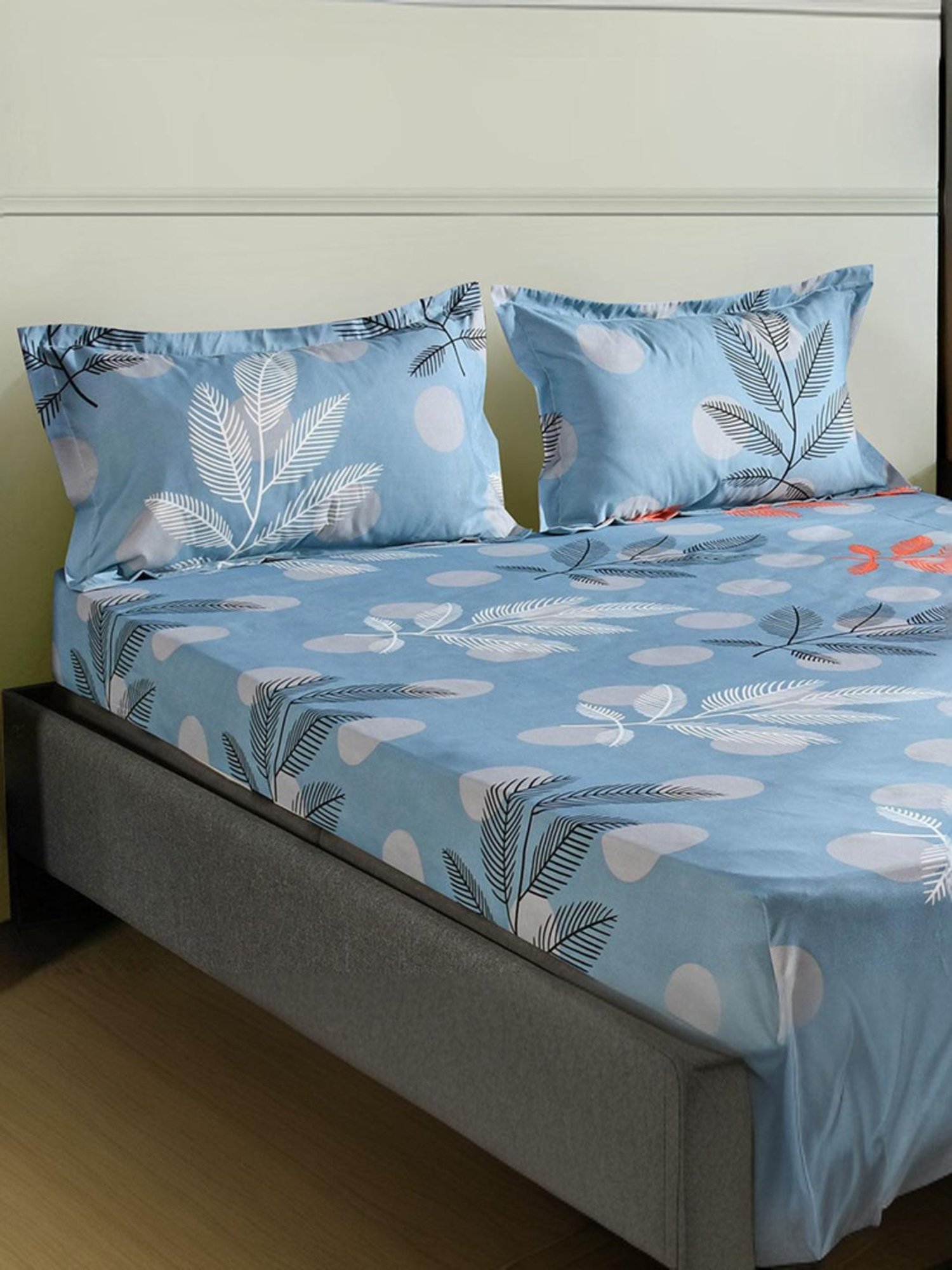 @Home Ammara Blue & Grey 90 GSM Polyester Double Bedsheet with 2 Pillow Covers