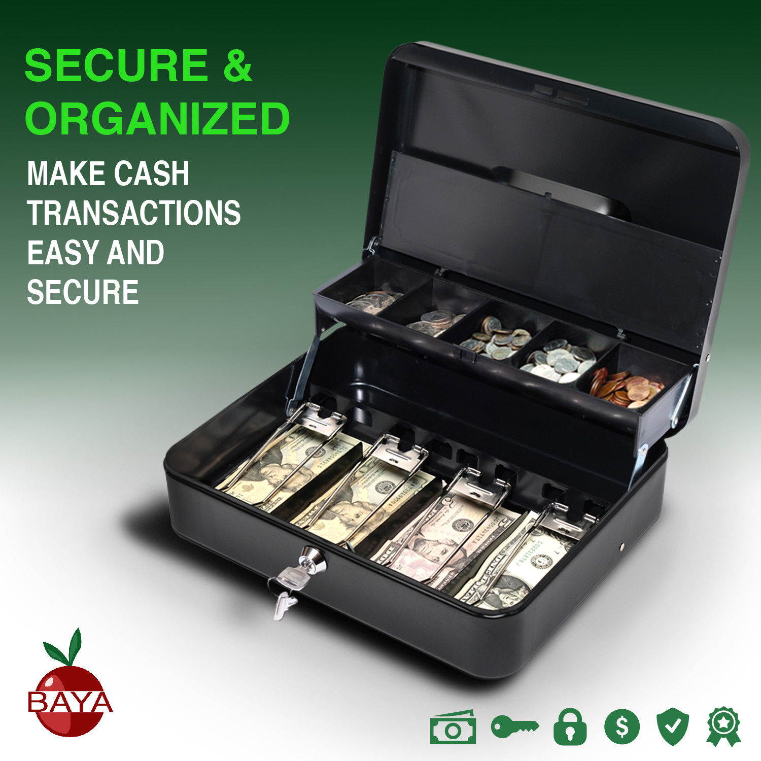 Cash Box with Money Tray | Coin Lid | Key Lock
