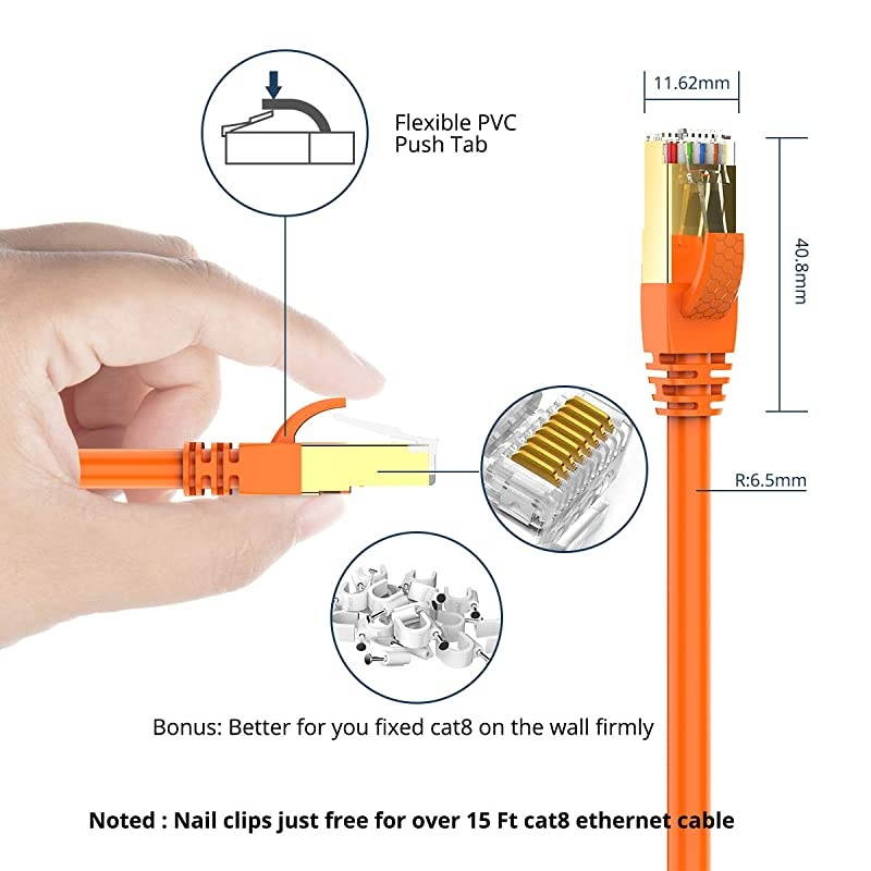 50FT CAT8 Ethernet Cable  40Gbps 2000Mhz High Speed Gigabit SFTP LAN Network Internet Cables with RJ45 Gold Plated Connector for Router, Modem, Gaming, Xbox(1 Pack,Orange)