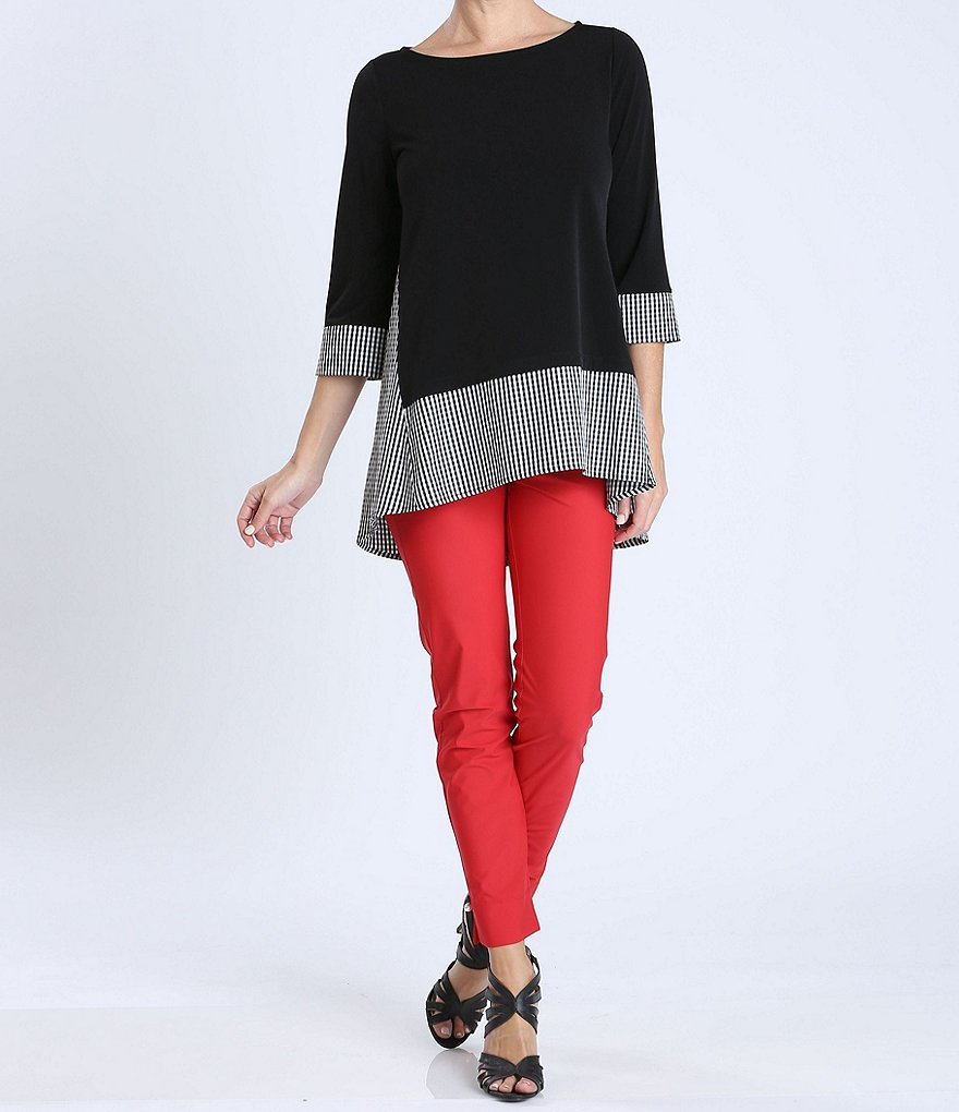 IC Collection Boat Neck 3/4 Sleeve Gingham Hi-Low Tunic