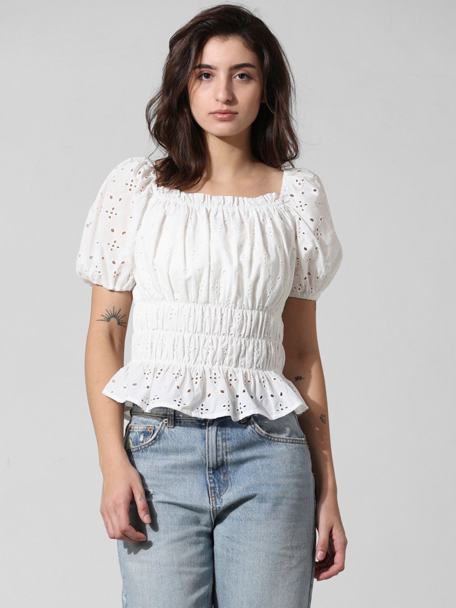 Only White Cotton Self Design Top