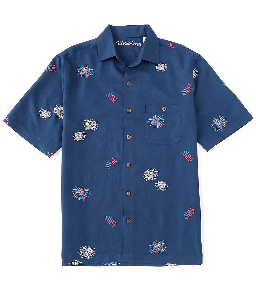 Caribbean Fireworks Embroidery Short-Sleeve Front Pocket Woven Shirt