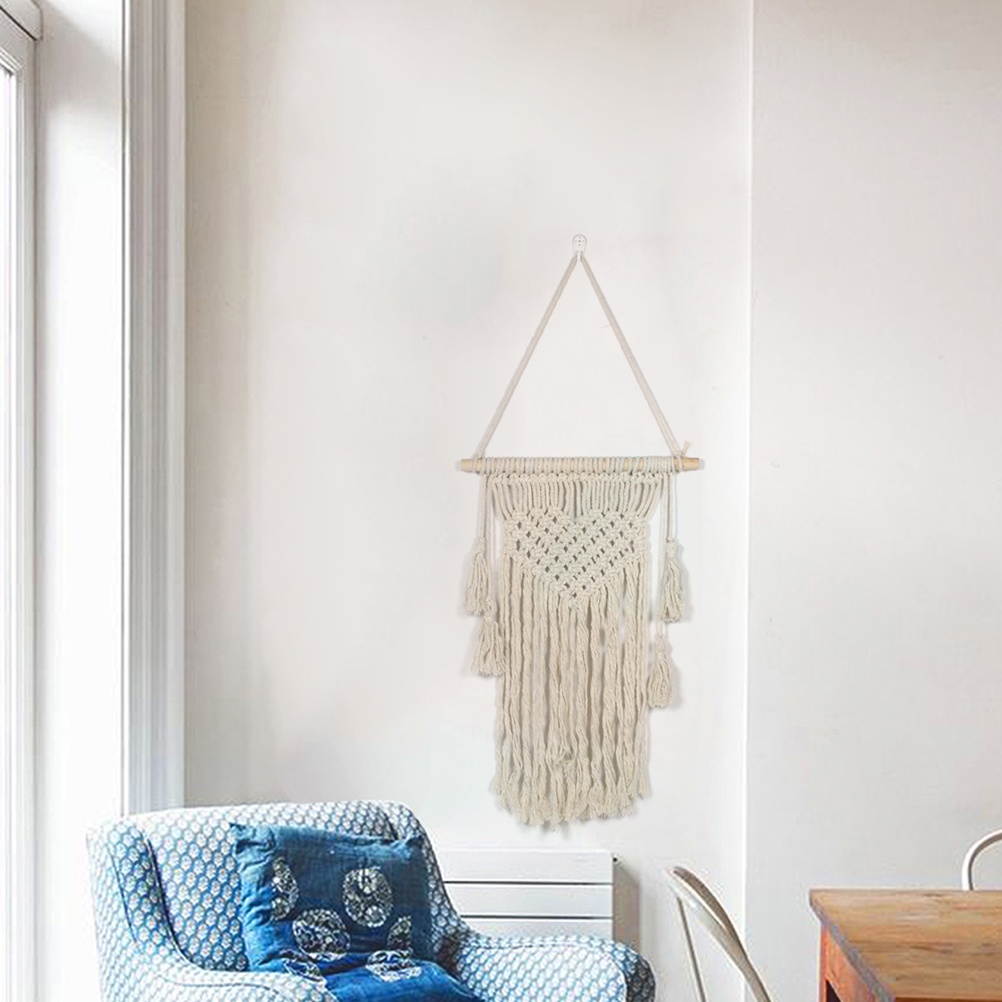 1pc Tassel Tapestry Wall Pendant Nordic Weaving DIY Handmade Bohemian Living Room Wedding Decoration Heart Pattern(Beige)