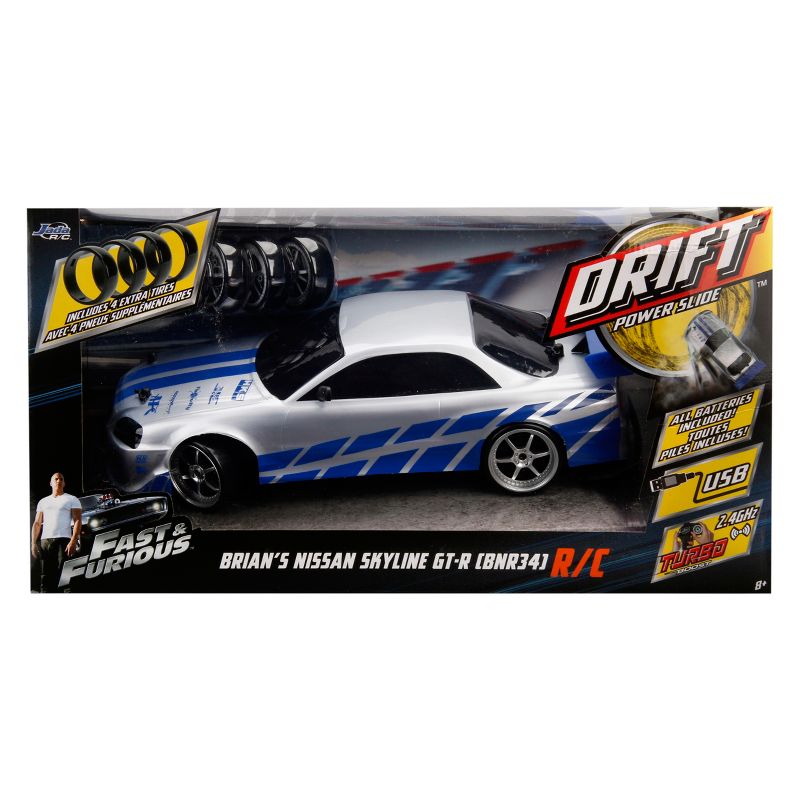 Jada Toys Fast & Furious Elite Drift RC 2002 Nissan Skyline GT-R (BNR34) Remote Control Vehicle 1:10 Scale Candy Silver