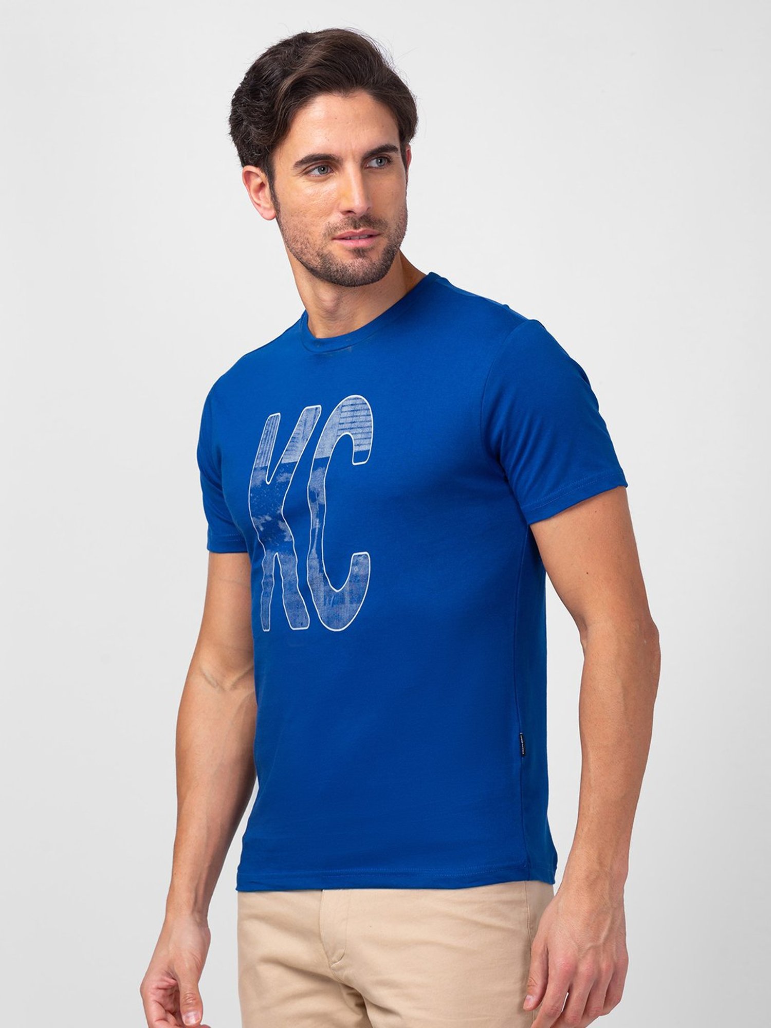 Kenneth Cole Indigo Blue Slim Fit Printed Crew T-Shirt
