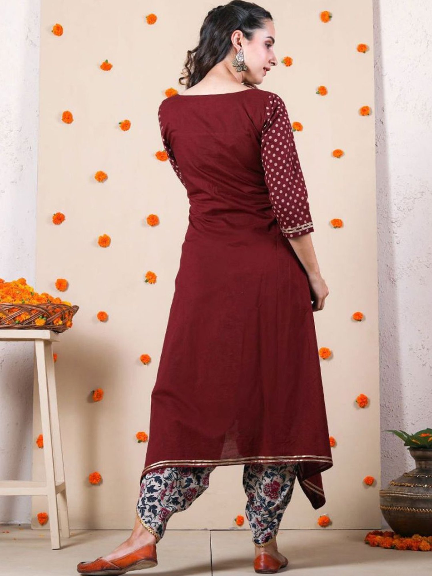 Rustorange Maroon Polka Asymmetric Kurta & Dhoti Set