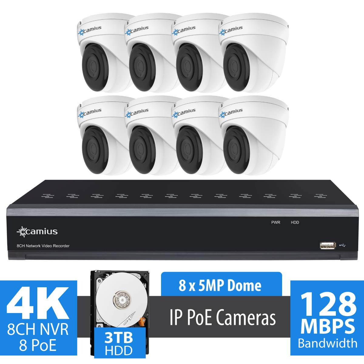 Camius 8 Channel NVR Security System w/ 3TB HDD, 8 Wired 5MP Audio Video IP PoE Dome Cameras 116 diagonal & 92 degrees horizontal view, Mac, PC Software, Browser, iOS, Android Phone App 8P8I3T