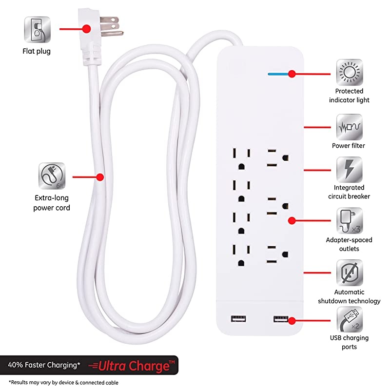 White Strip SurProtector Charger 7 Outlets 2 USB Ports Fast CharFlat Plug Long Power Cord 6 Feet Wall Mount Warranty 36363 6 Ft
