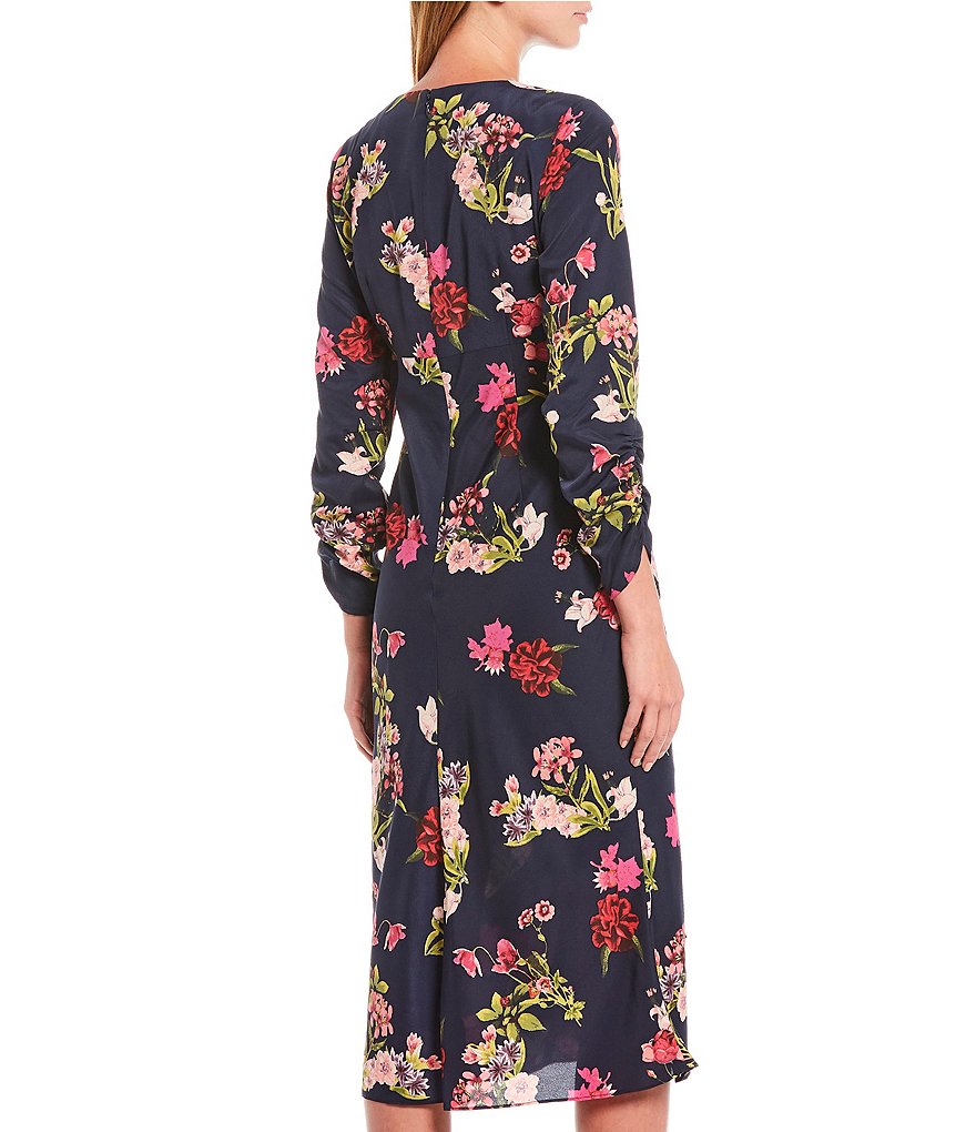 Eliza J Ruffle Front Floral Crepe de Chine V-Neck Long Sleeve Tulip Midi Dress