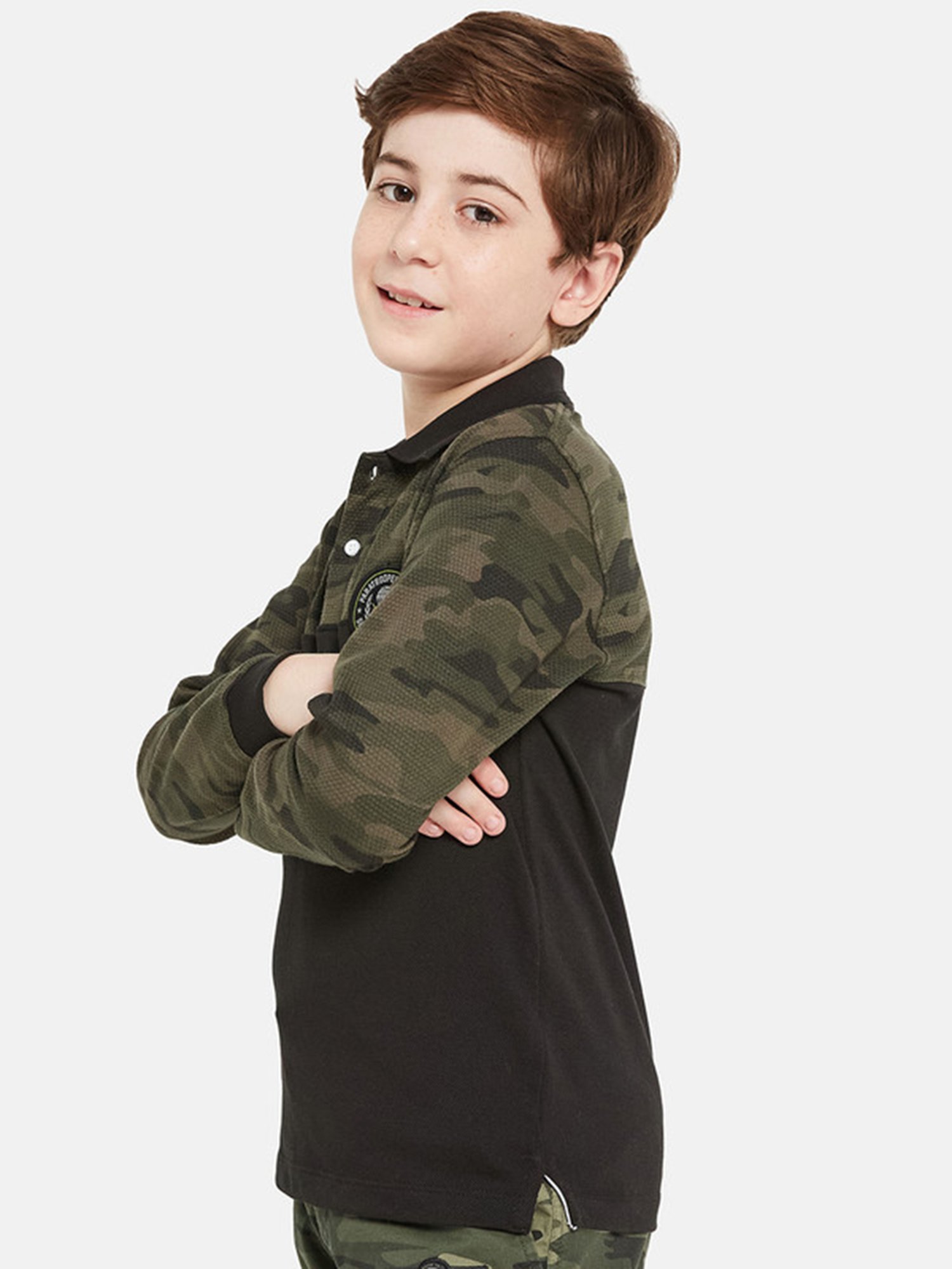 Octave Kids Black Camouflage Full Sleeves Polo T-Shirt