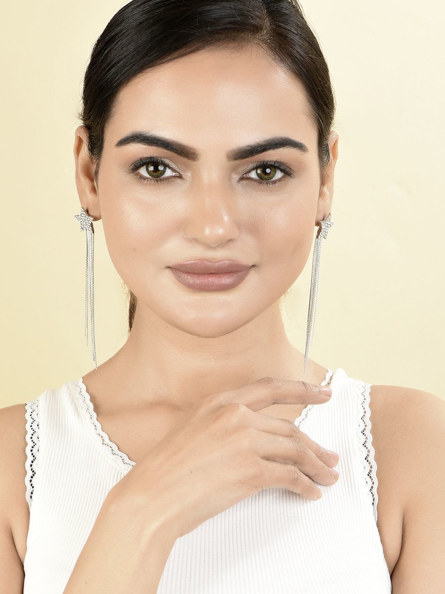 Toniq Long Strands Silver-Plated Star CZ Stone Studded Party Wear Earrings for Women