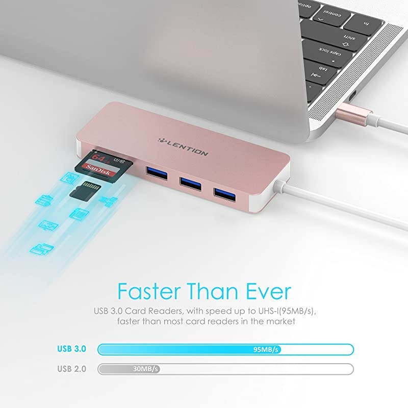USB C Hub with 3 USB 3.0 and SD/Micro SD Card Reader Compatible 2020-2016 MacBook Pro 13/15/16, New Mac Air/iPad Pro/Surface, ChromeBook, More, Multi-Port Type C Adapter (CB-C15, Rose Gold)