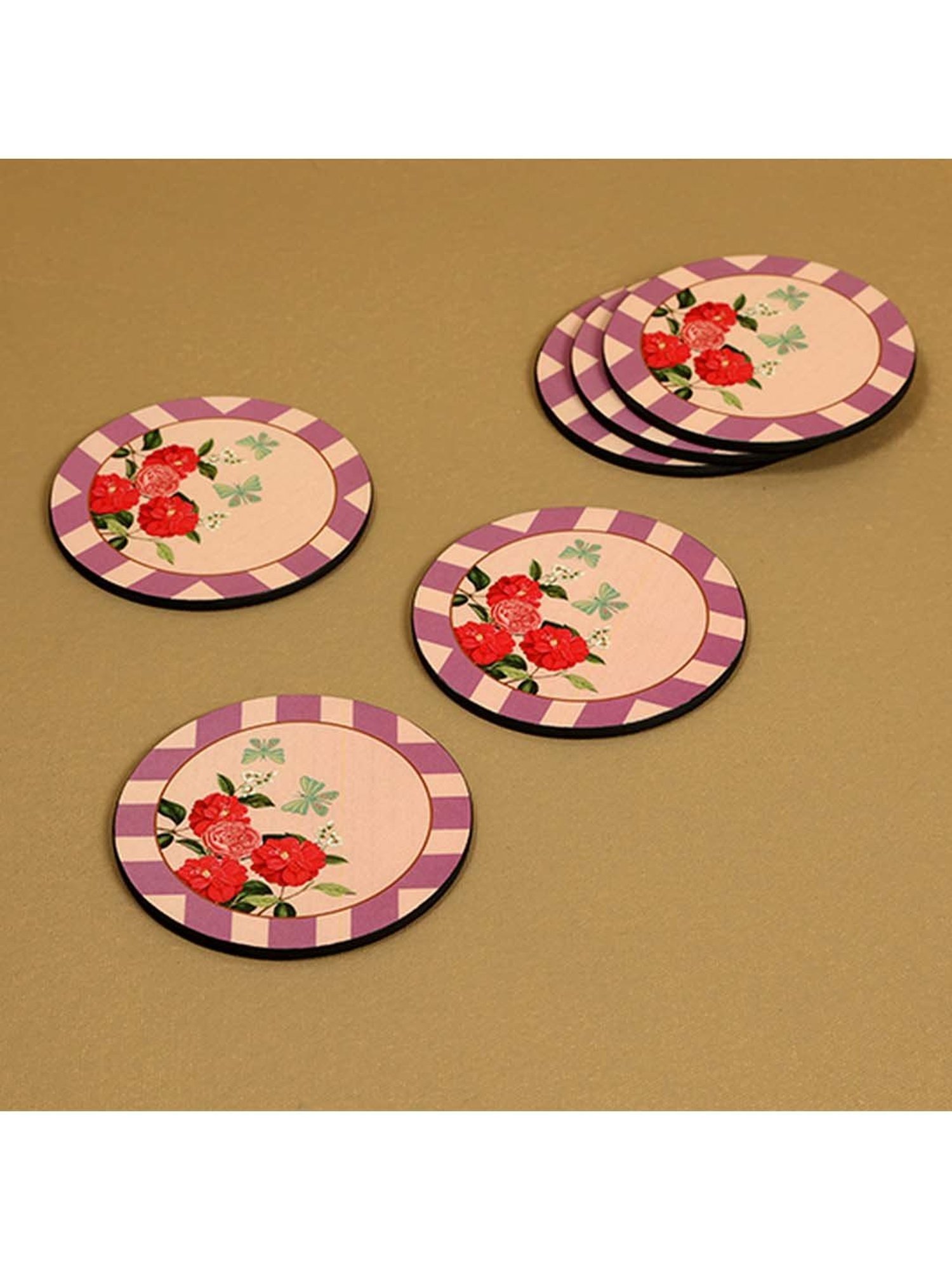 ICRAFT Lilac Haze Series Purple & Beige Mdf Round Coaster - Set of 6