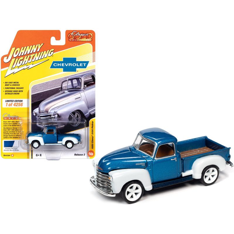 1950 Chevrolet 3100 Pickup Truck Custom Blue Metallic and White Ltd Ed to 4256 pcs 1/64 Diecast Model Car by Johnny Lightning