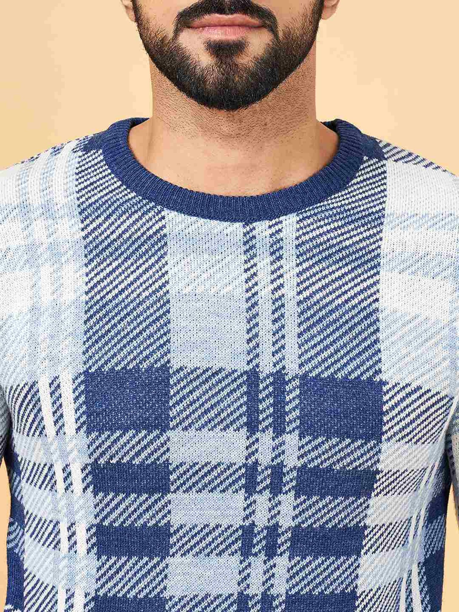 YU by Pantaloons Blue Regular Fit Checks Sweater