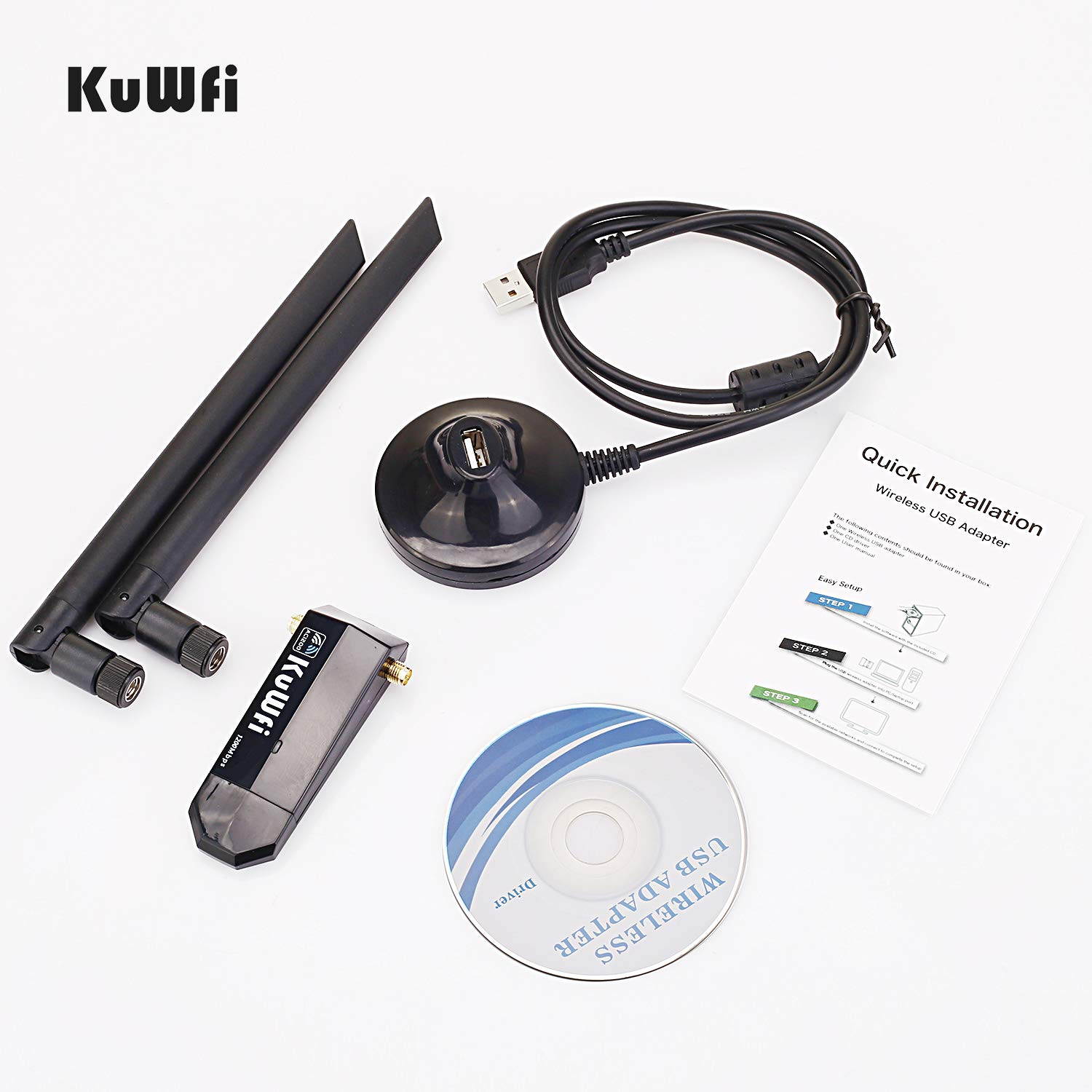 KuWFi USB WiFi Adapter AC 1200Mbps Wireless Network Dual Band 5GHz and 2.4GHZ High Gain for PC Desktop TVbox with 2x5dBi Antenna