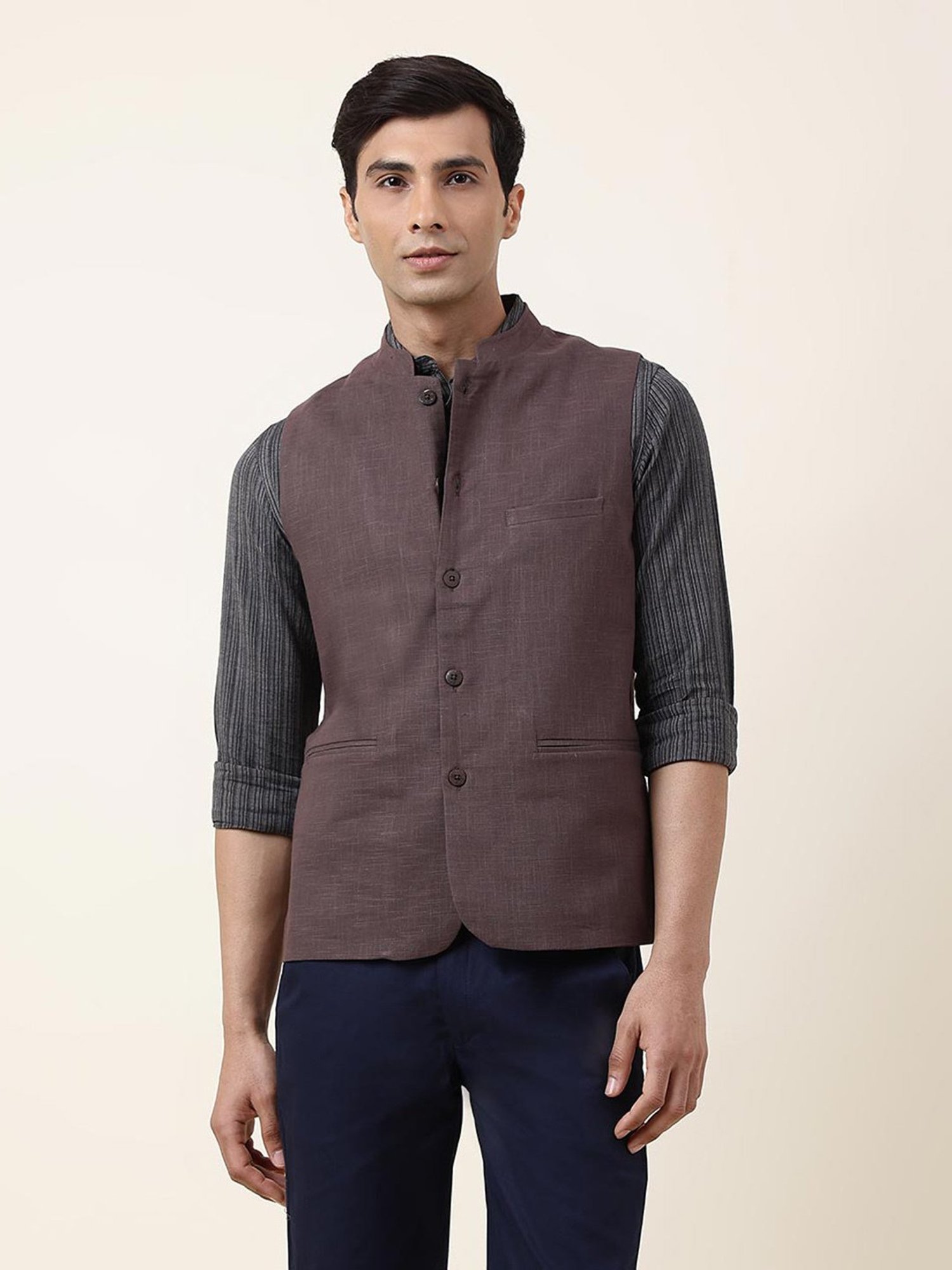 Fabindia Purple Slim Fit Mandarin Collar Nehru Jacket