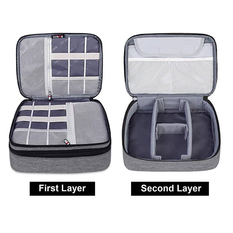 Electronic Organizer, Double Layer Travel Accessories Storage Bag for Cord, Adapter, Battery, Camera and More-a Sleeve Pouch for iPad or up to 9.7" Tablet(Large, Black)