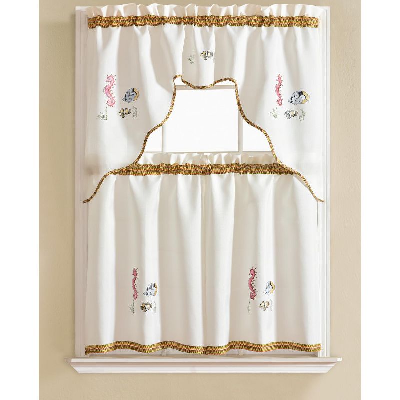 Ramallah Trading Grand Seahorse Embroidered Kitchen Curtain - 60 x 36, White