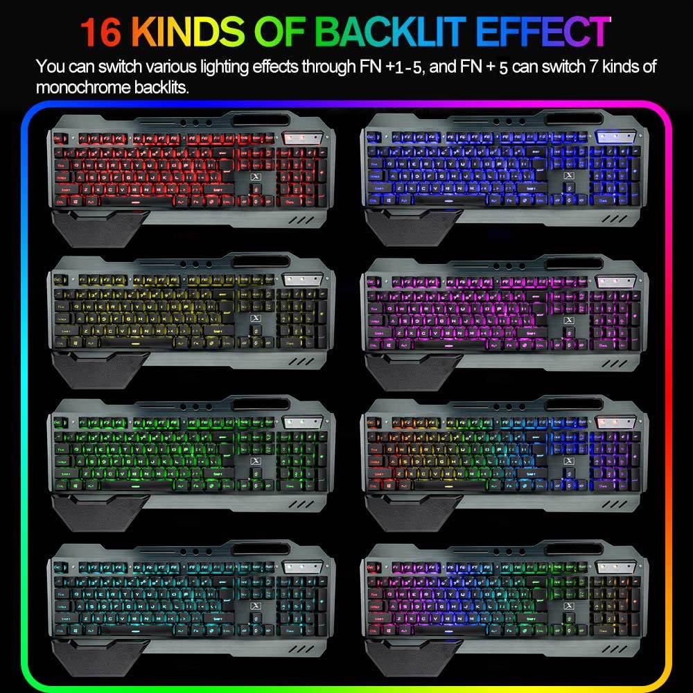 Wireless Gaming Keyboard and Mouse,Rainbow Backlit Rechargeable Keyboard Mouse with 3800mAh Battery Metal Panel,Removable Hand Rest Mechanical Feel Keyboard and 7 Color Gaming Mute Mouse for PC Gamers