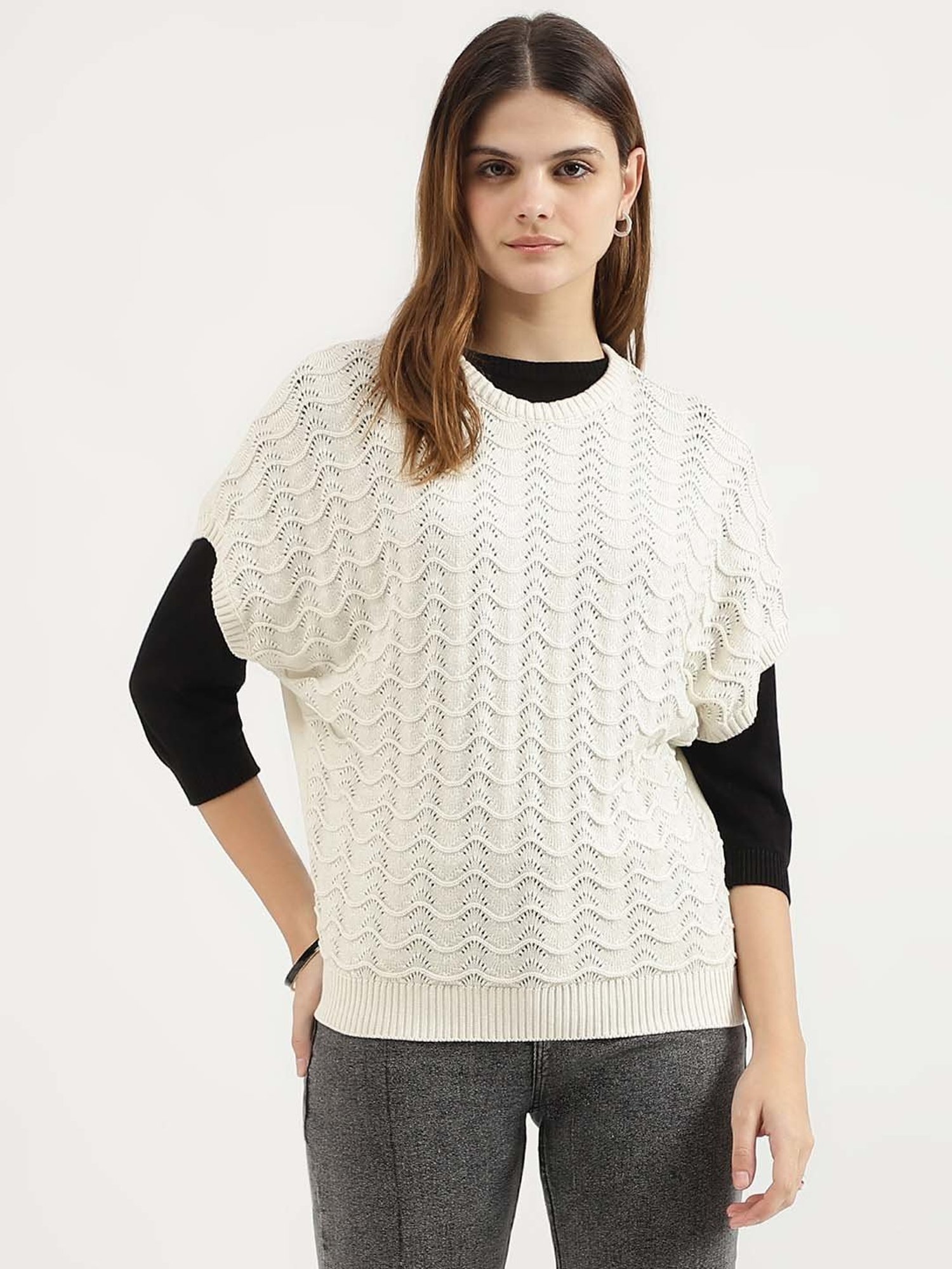 United Colors of Benetton White Cotton Self Pattern Top