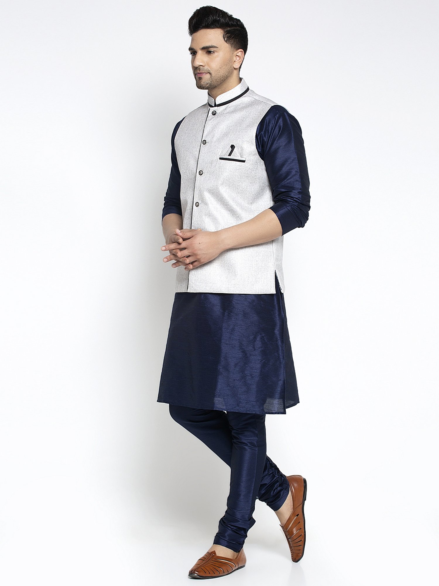 Benstoke Navy Blue & Grey Regular Fit Kurta Set With Jacket