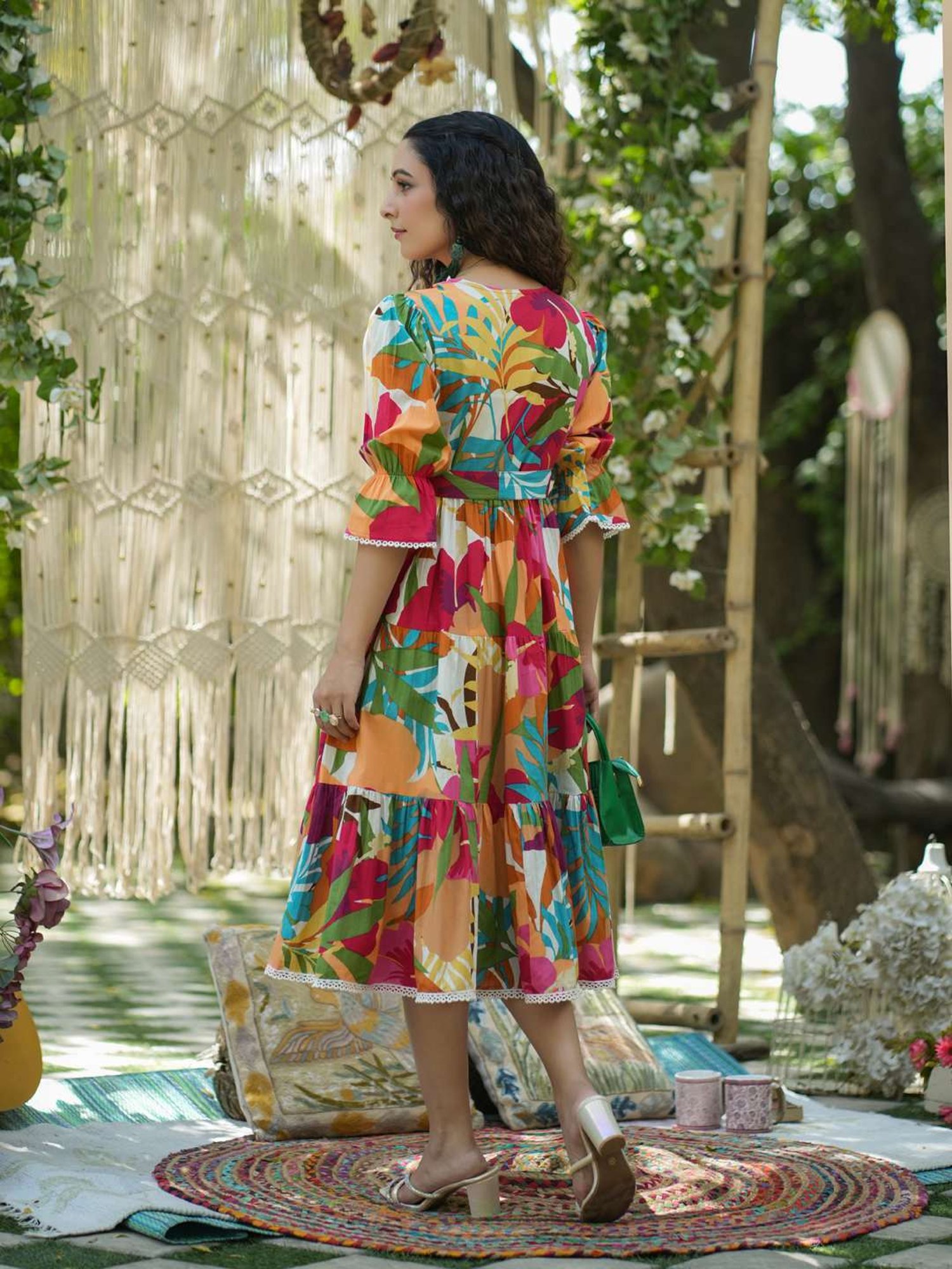 Rain and Rainbow Multicolored Cotton Floral Print A-Line Dress