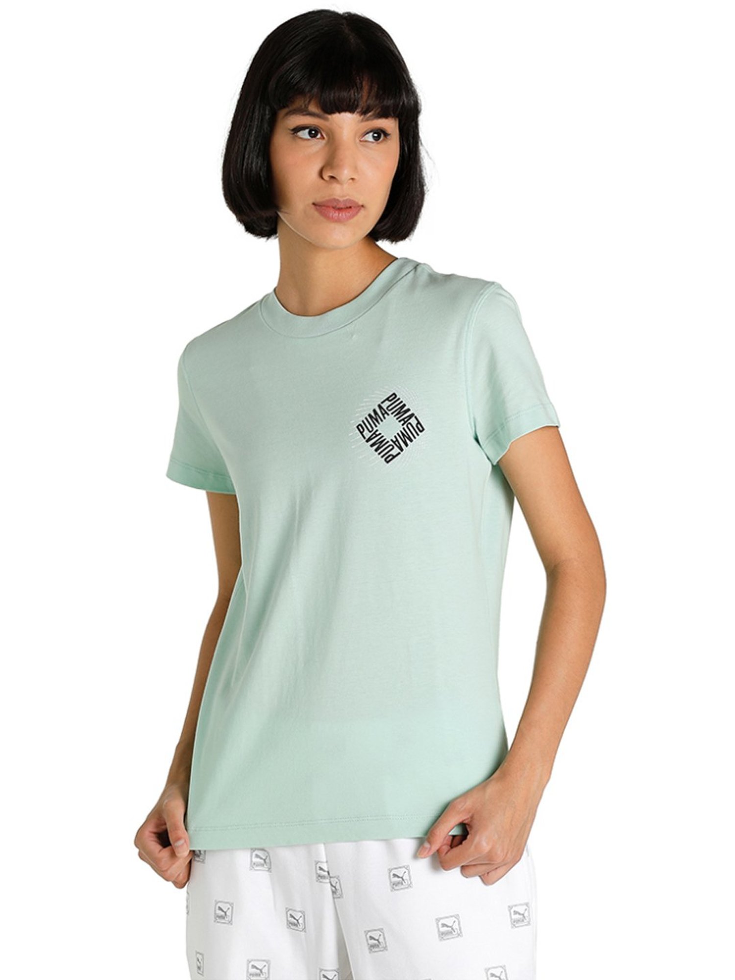 Puma Sage Green Cotton Printed T-Shirt
