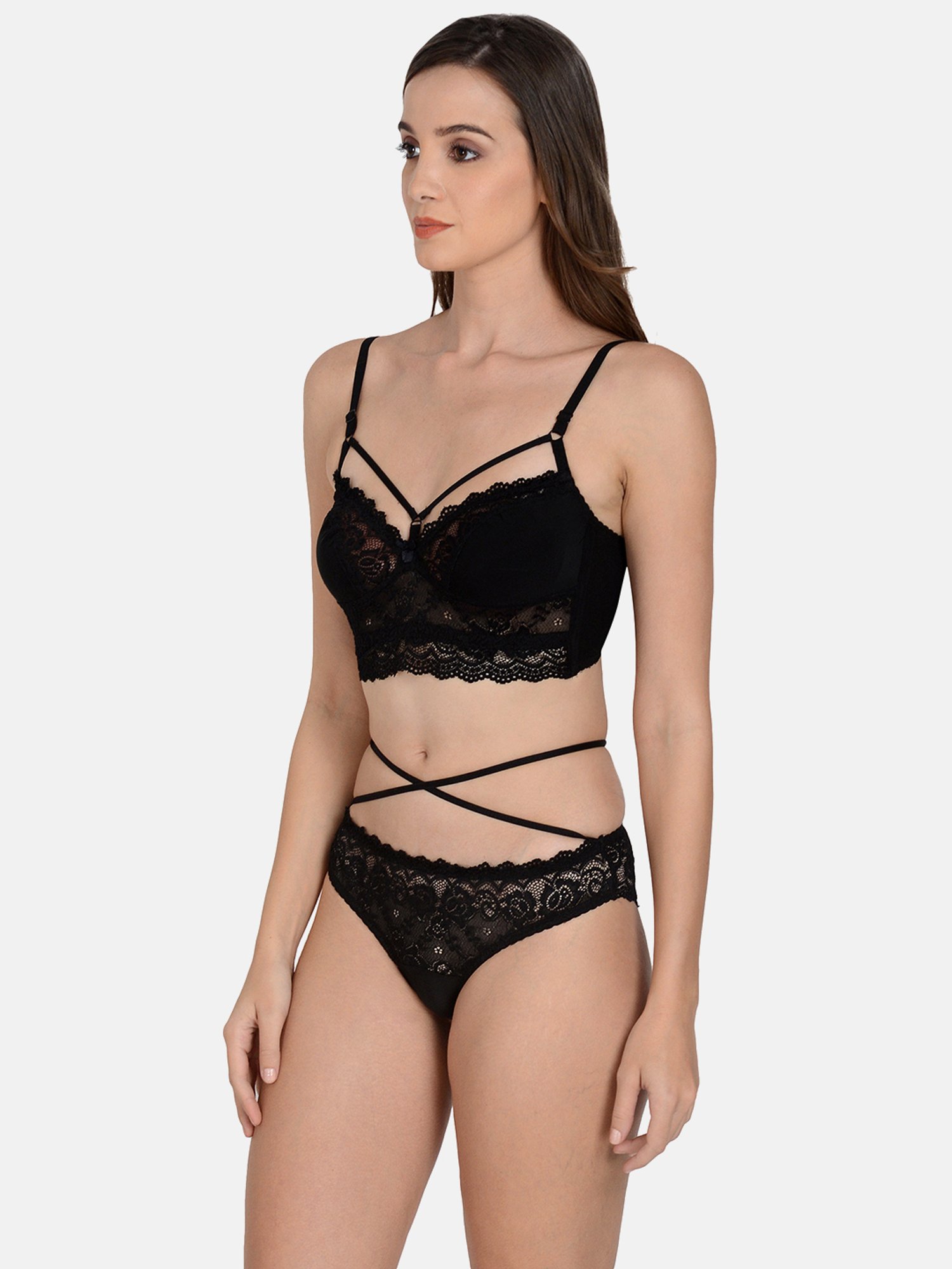 mod & shy Black Self Pattern Lingerie Set