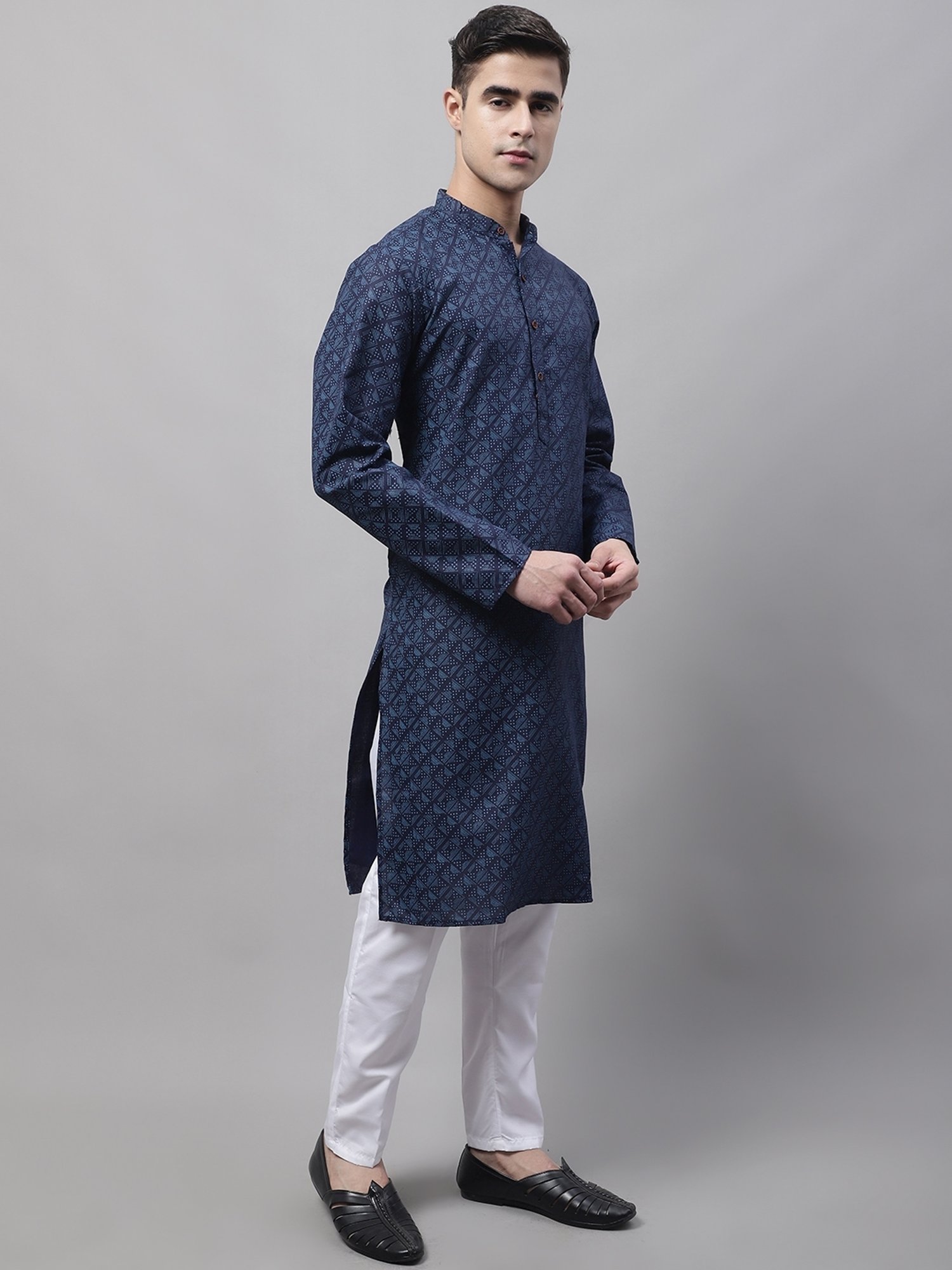 Jompers Navy & White Pure Cotton Regular Fit Printed Kurta Bottom Set