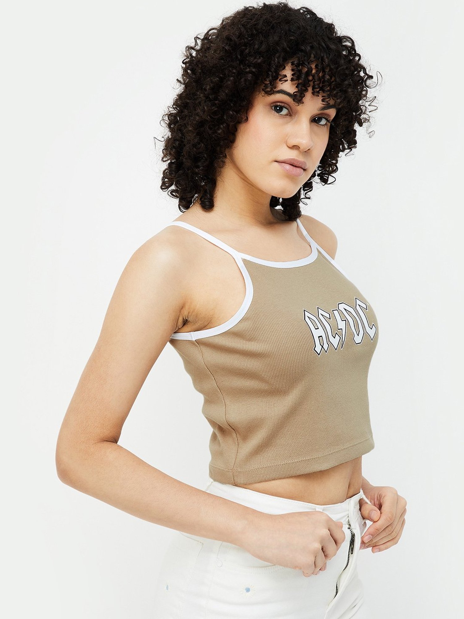 Ginger by Lifestyle Beige Cotton Graphic Tank Top
