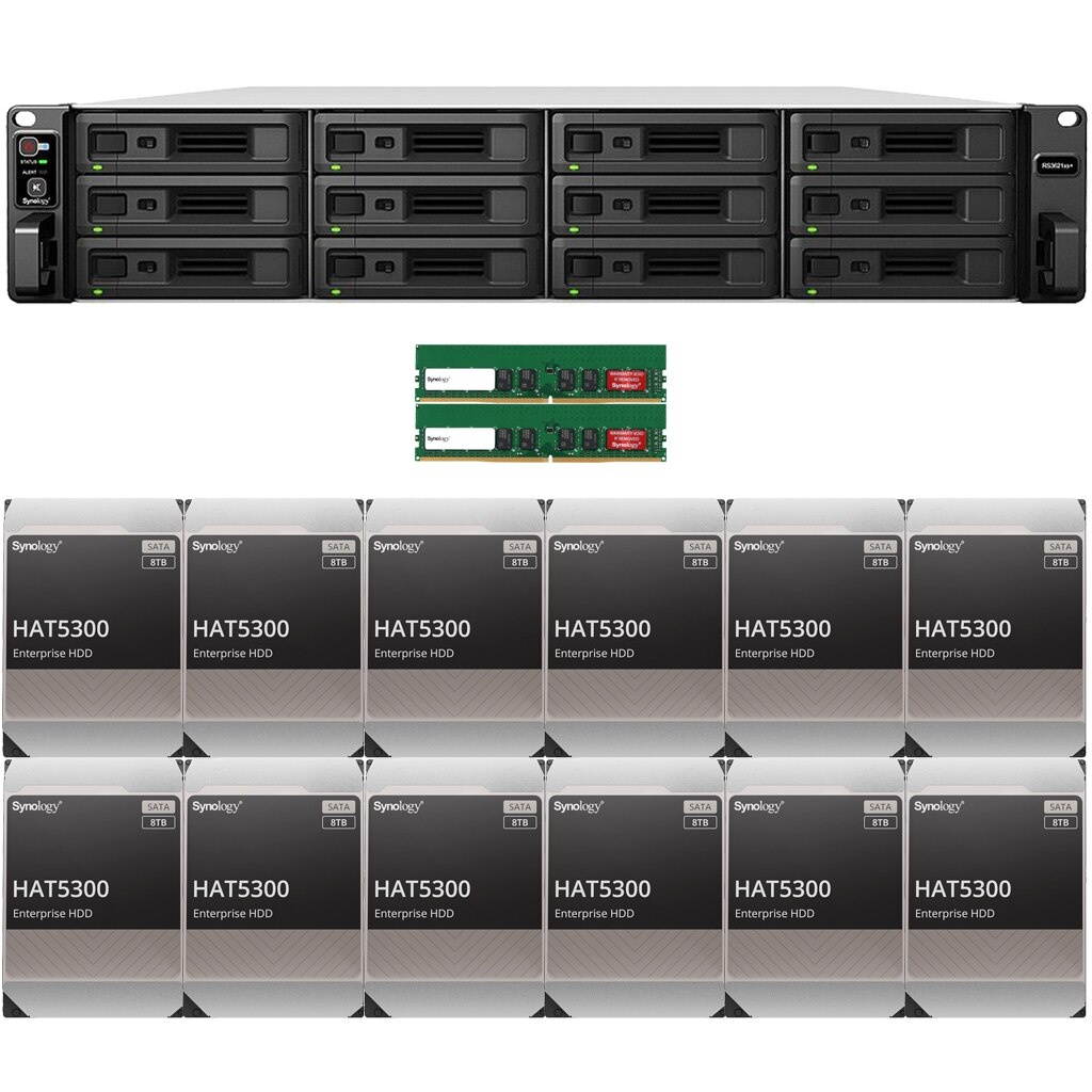 Synology RS3621xs+ RackStation with 32GB RAM and 96TB (12 x 8TB) of HAT5300 Synology Enterprise Drives Fully Assembled and Tested By CustomTechSales