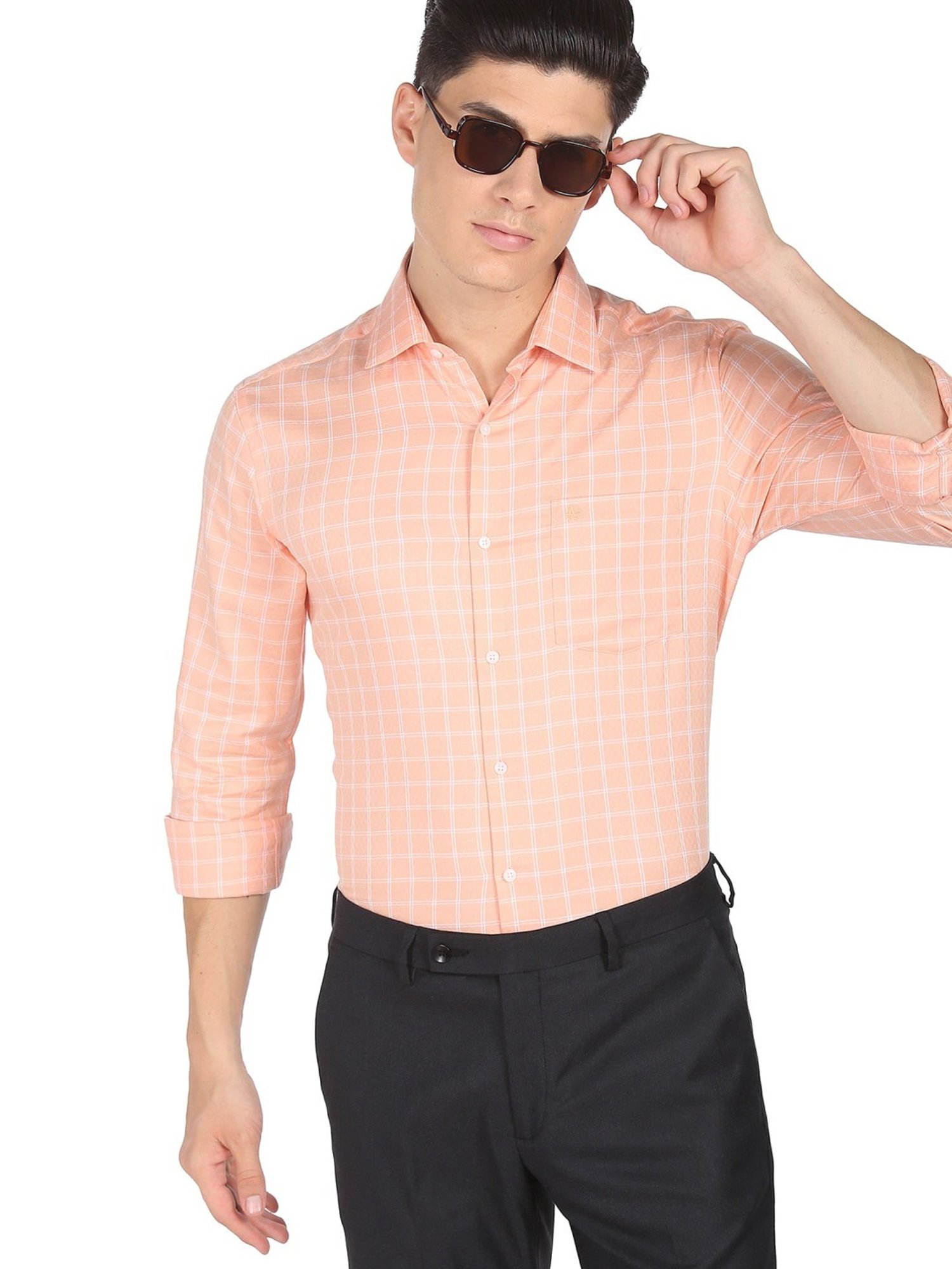 Arrow Orange Cotton Slim Fit Checks Shirt
