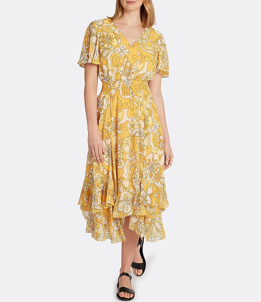 Tahari ASL Short Sleeve Smocked Waist V-Neck Ruffle Midi Dress