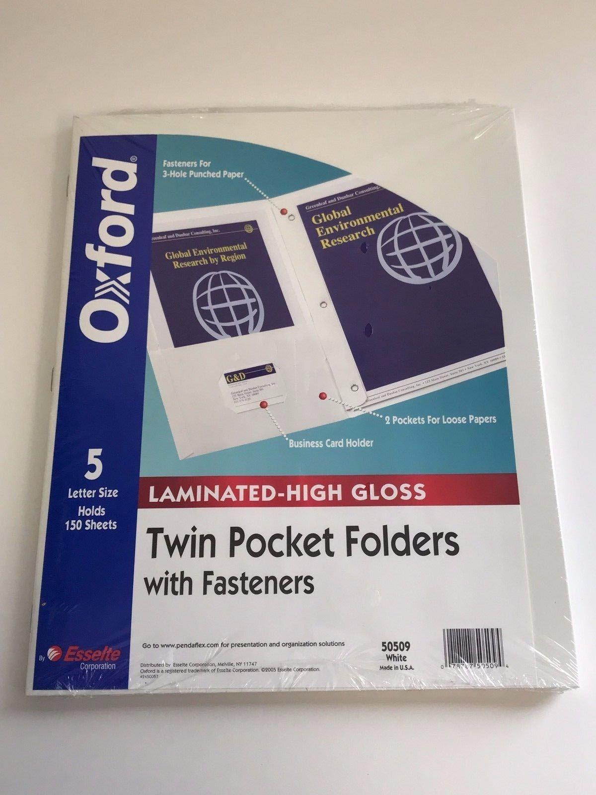 2x Oxford Twin Pocket Folder with Fasteners, Laminated High Gloss White, 5 Pack