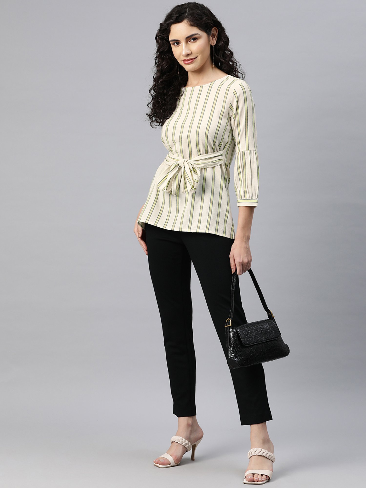 Cottinfab White & Green Cotton Striped Top