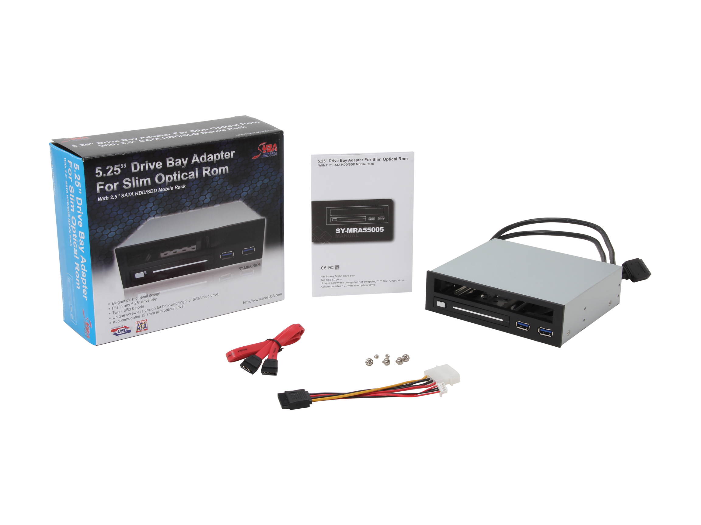 SYBA SY-MRA55005 Multipurpose 5.25" Bay Adapter for Slim Optical Drive and 2.5" SATA I / II / III HDD, with 2 USB 3.0