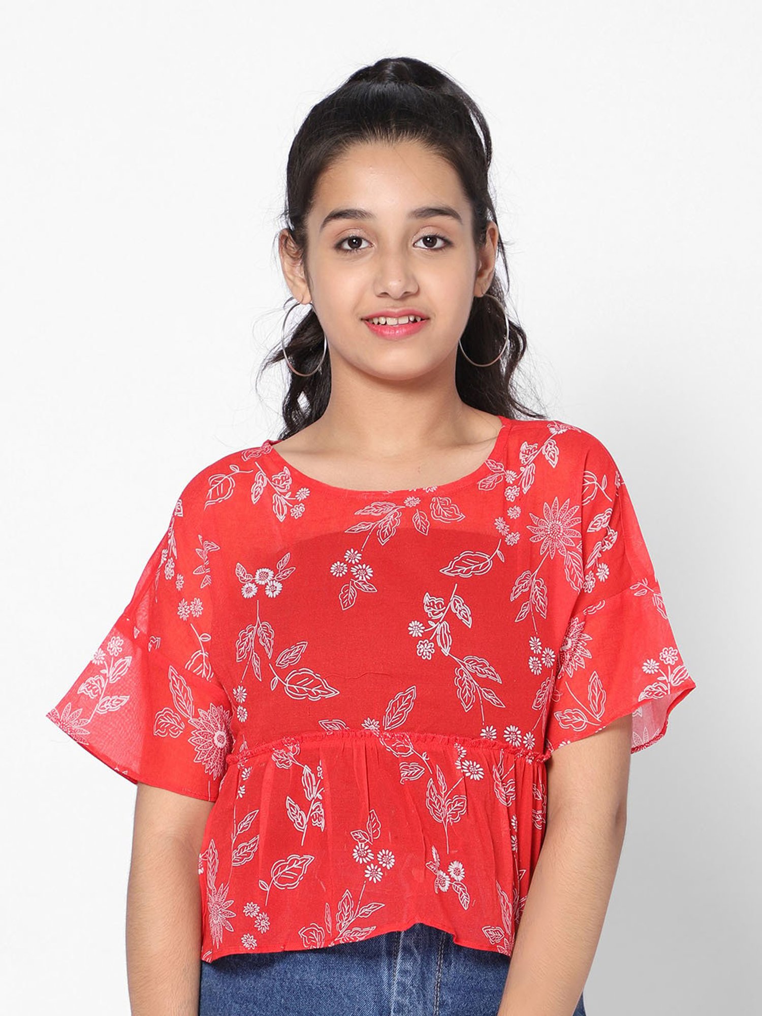 TeenTrums Girls Red Floral Print Top