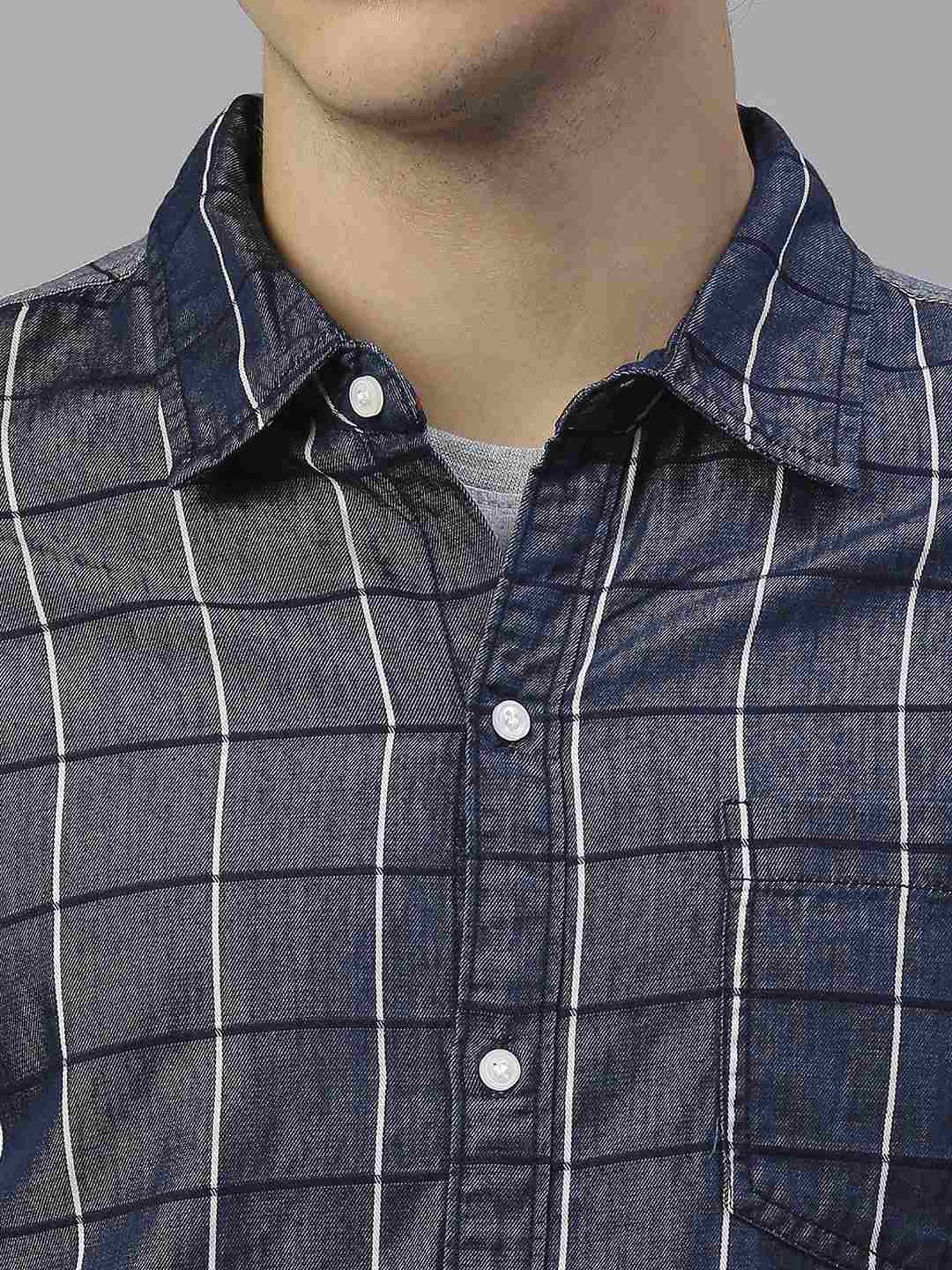 High Star Blue Cotton Regular Fit Checks Shirt